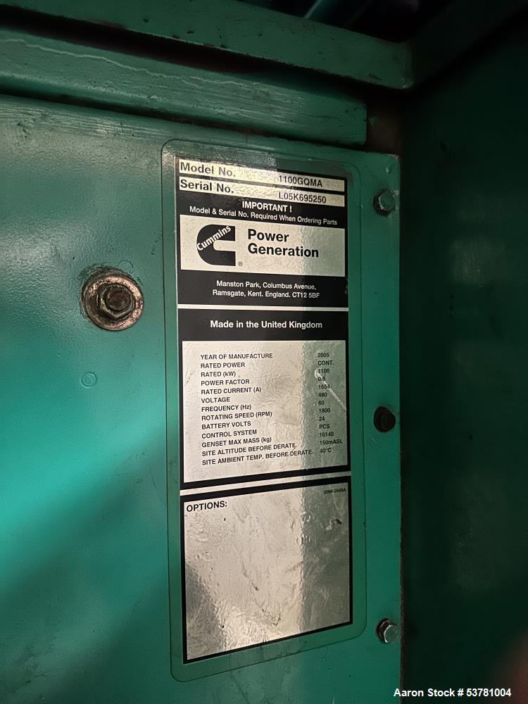 Buy Used Cummins 1100CGMA Generator – 480V, 3PH, 1654 Amps, Full Heat Recovery